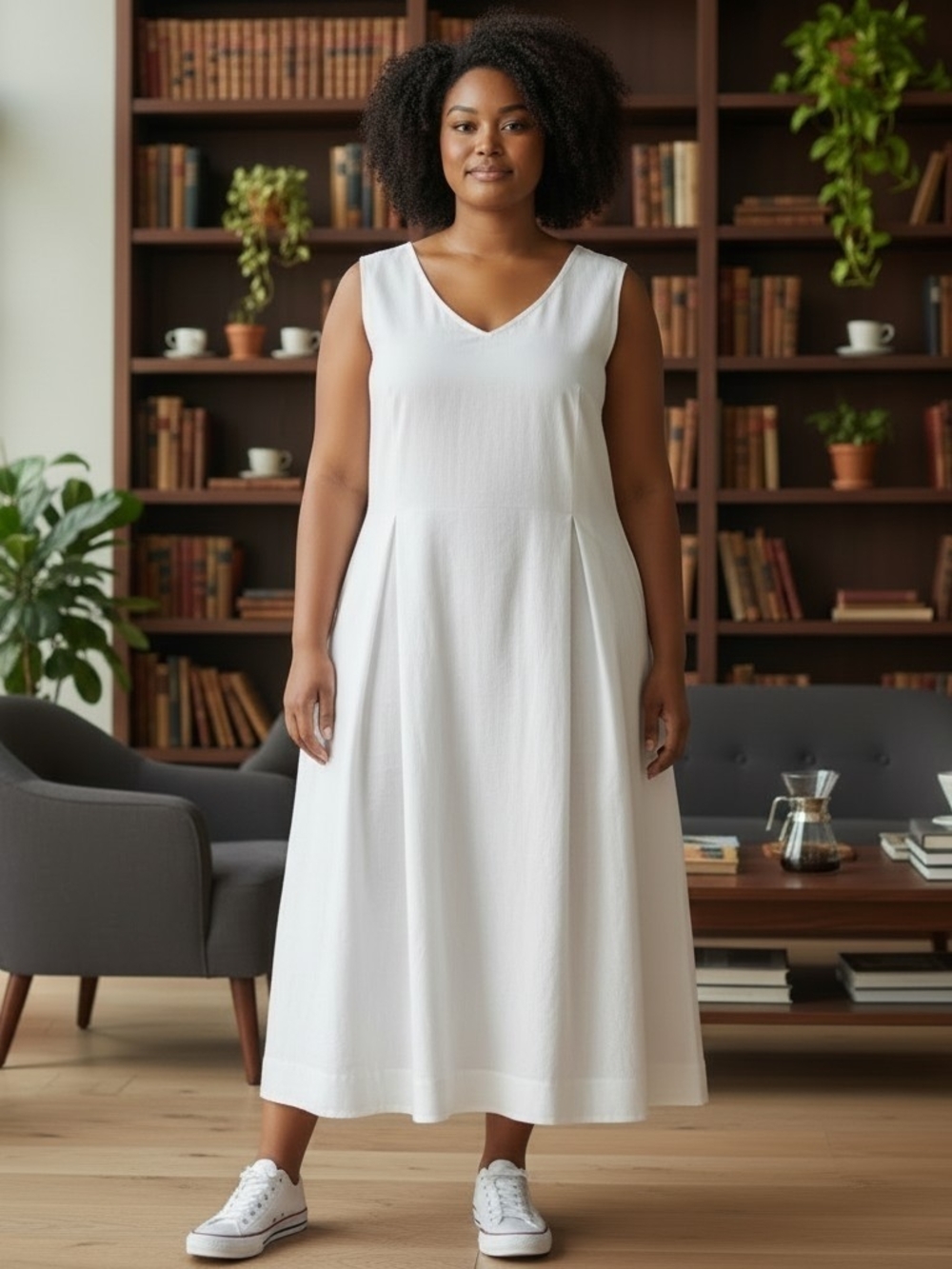 Jessica London White V-Neck Sleeveless Midi Dress